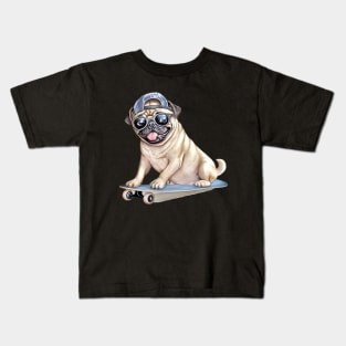 Pug Dog on Skateboard Kids T-Shirt